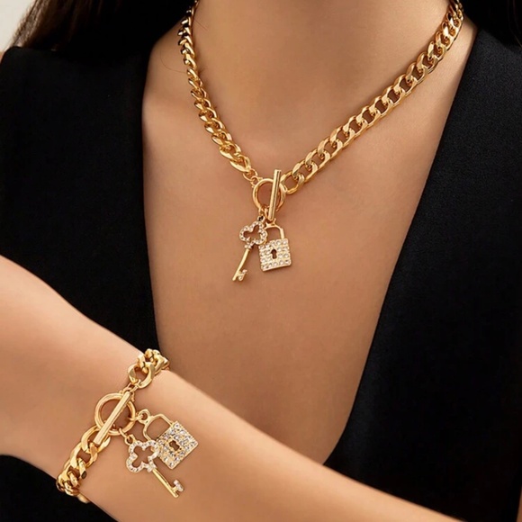 Lock & Key Necklace and 2pc Bracelet Set - Picture 1 of 3